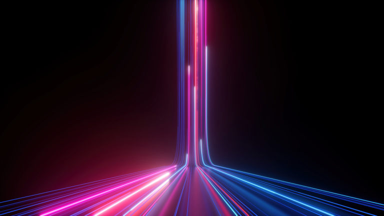 3D-Rendering, abstrakter futuristischer Neonhintergrund mit leuchtenden aufsteigenden Linien
