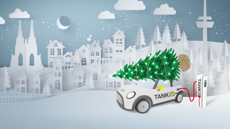 TankE Auto und Ladesäule vor winterlichem Köln Illustration