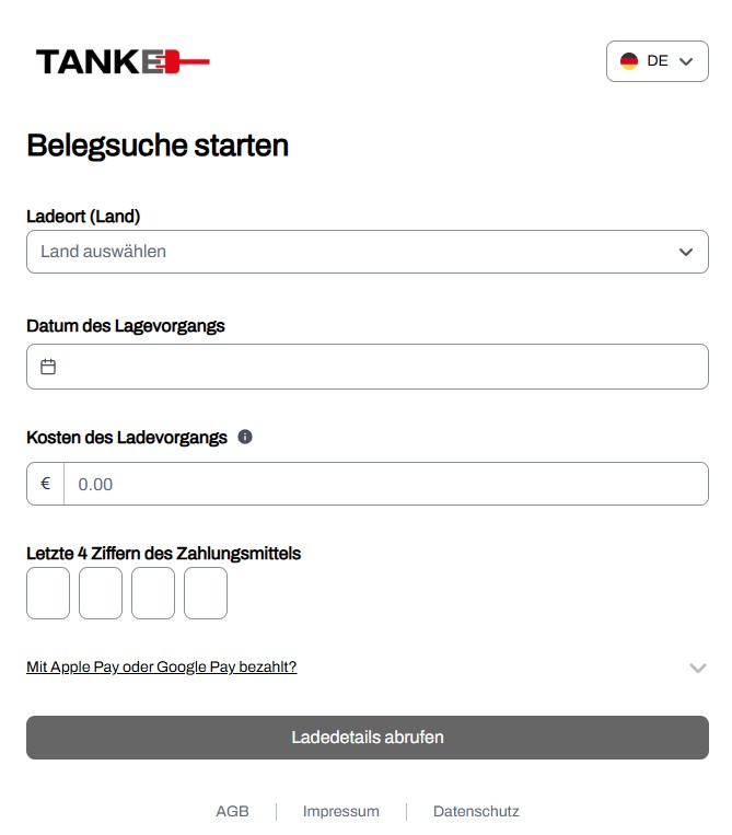 Ansicht des TankE Belegportals